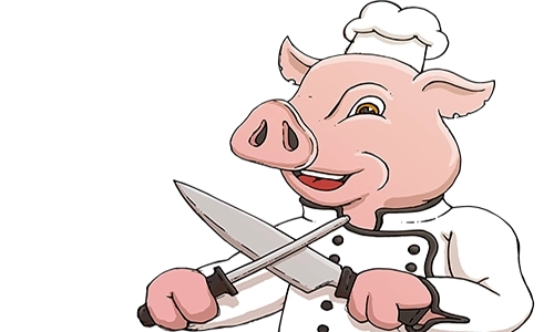 cartoon of a pig chef sharpening a knife